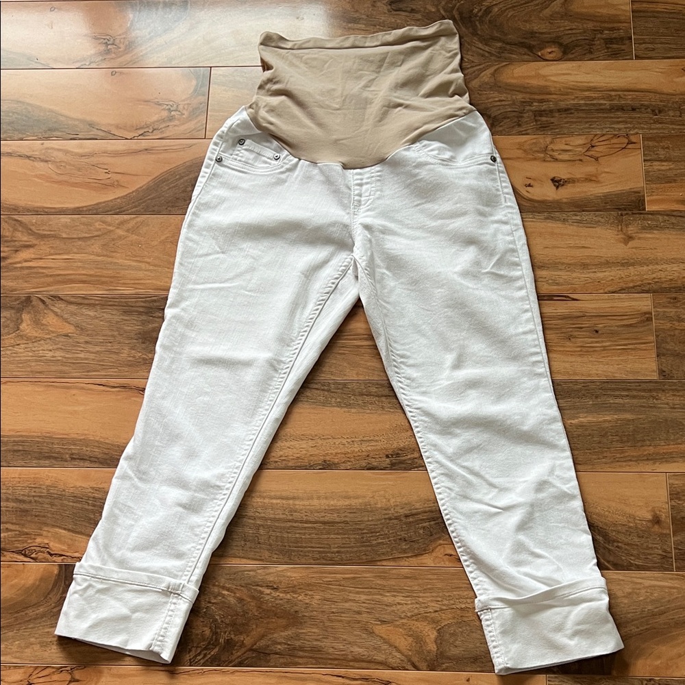 Indigo Blue White Cropped Maternity Jeans Womens Sz Small Stretch Denim Summer
